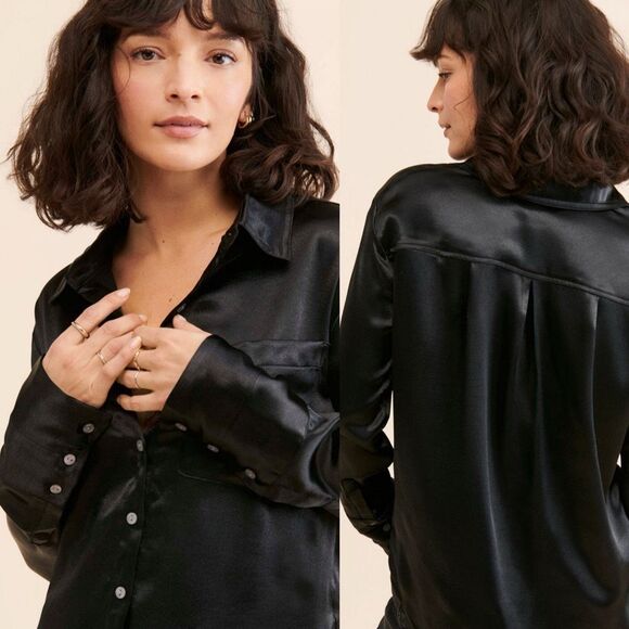 FREE PEOPLE| shooting for the moon satin shirt | Large | black button down - Picture 7 of 15